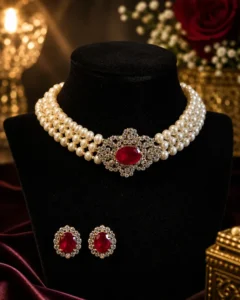 Freshwater Pearl (Mother of Pearl) Choker Necklace with Red Stone