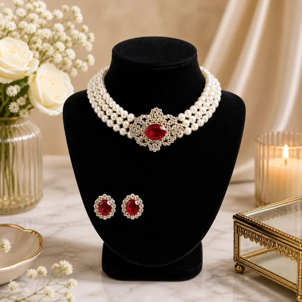 Elegant pearl jewelry showcase with red accents