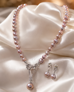 Luxury Sri Lankan sea pearl necklace set with 16mm South Sea pearl pendant and matching pearl earrings on elegant female model