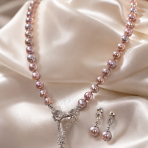 Luxury Sri Lankan sea pearl necklace set with 16mm South Sea pearl pendant and matching pearl earrings on elegant female model