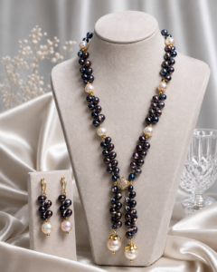 Natural pearl necklace with gold-plated details and matching earrings for women