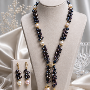 Natural pearl necklace with gold-plated details and matching earrings for women